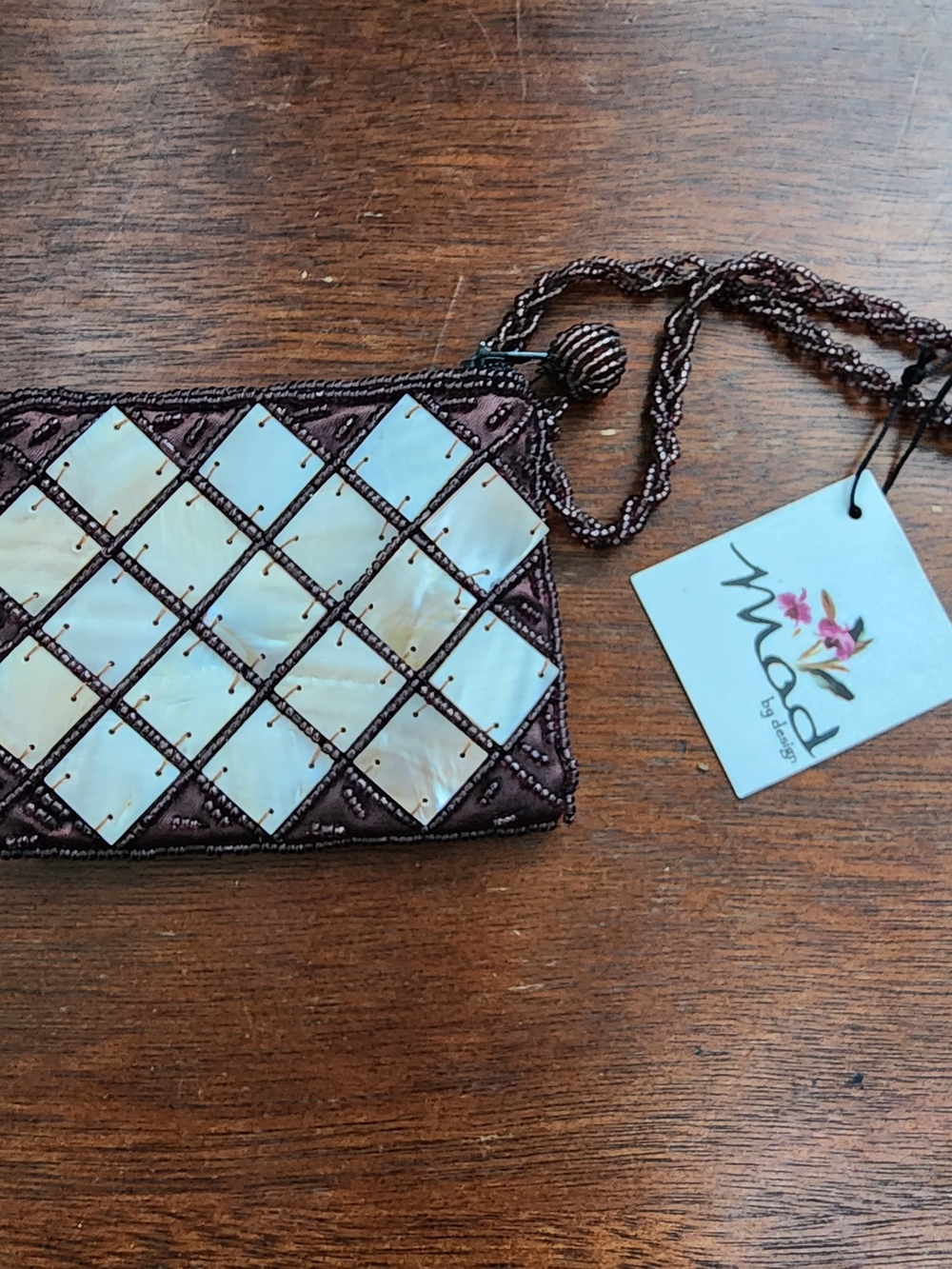 NWT Mad by Design Handmade Mother of Pearl & Horn Beaded Wristlet Pouch Vintage